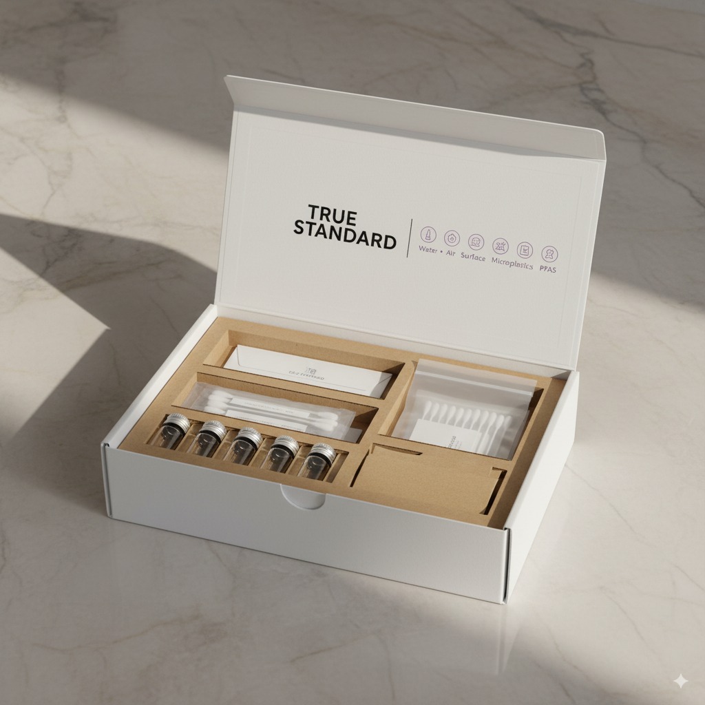 True Standard home testing kit with collection vials and materials